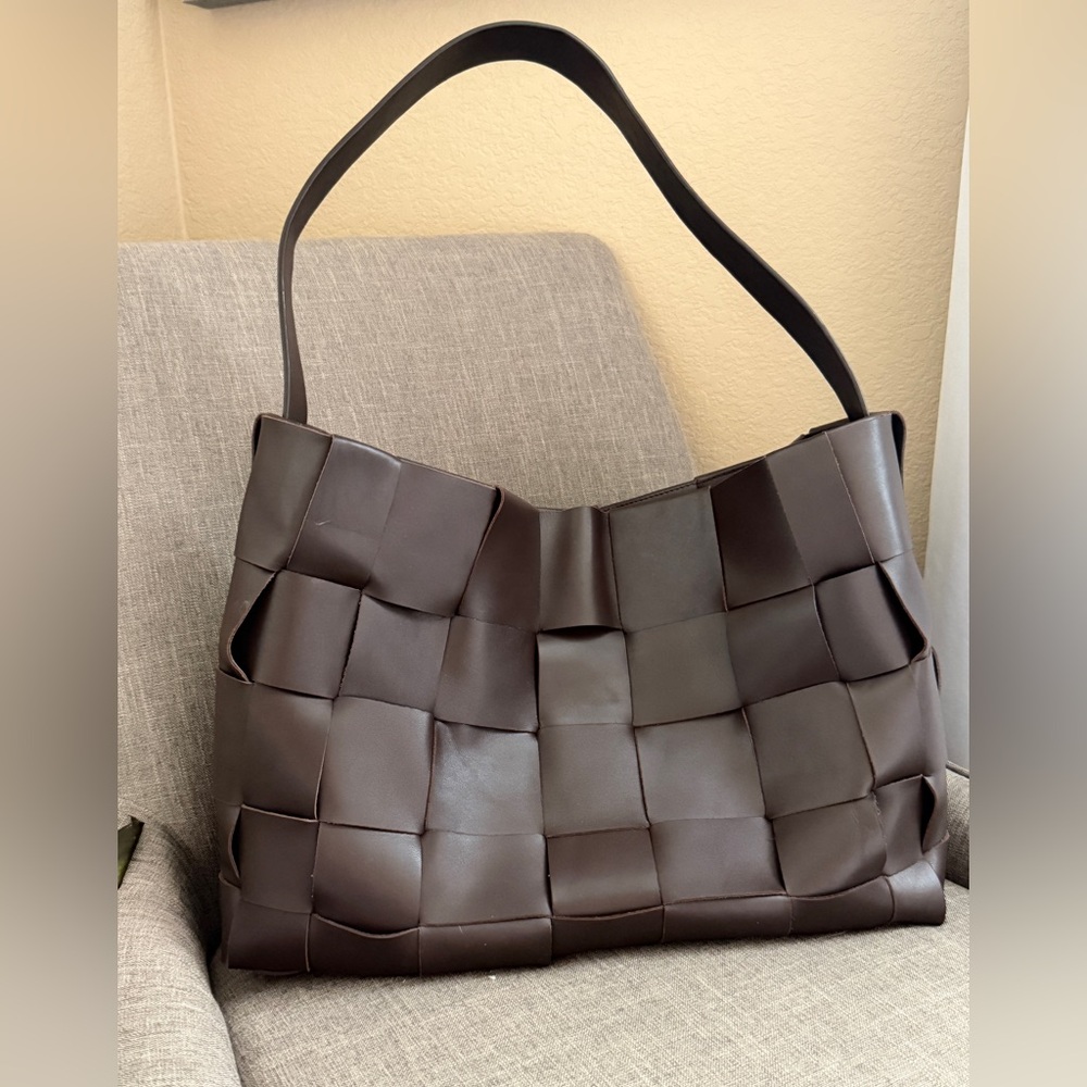 St Agni Chocolate Large Woven Leather Tote